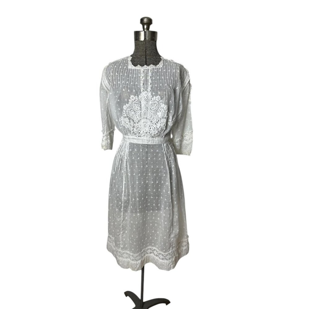 Edwardian white dress with gorgeous lace and embroidered sun and moon detail